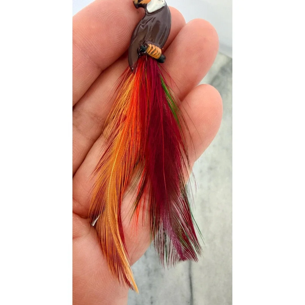 Vintage Enamel Mexican Feather Bird Brooch - Hand Painted Mid Century Parrot Pin